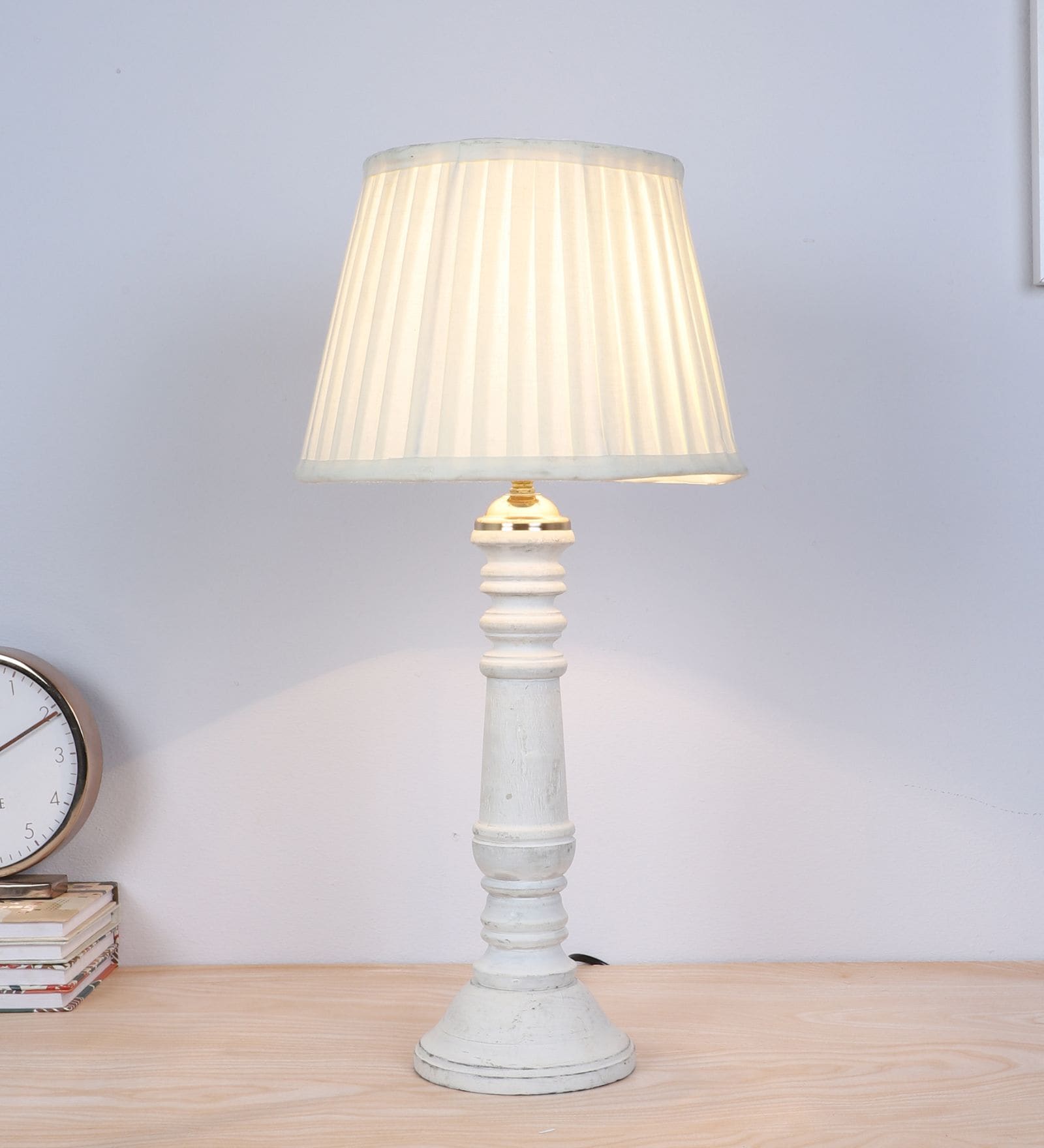 Rustic White Mangowood Table Lamp With Off White Satin Shade