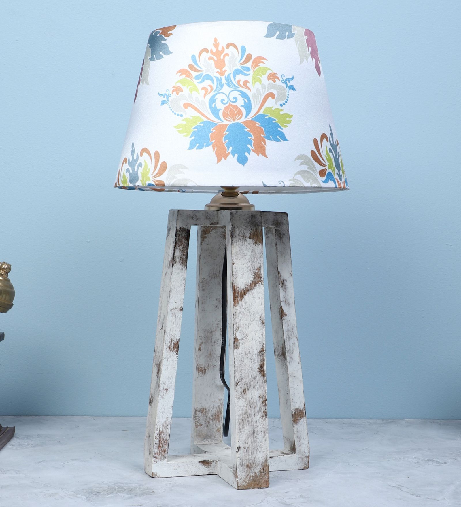 Rustic White Illuminique Mangowood Table Lamp With English Oak Print Satin Shade