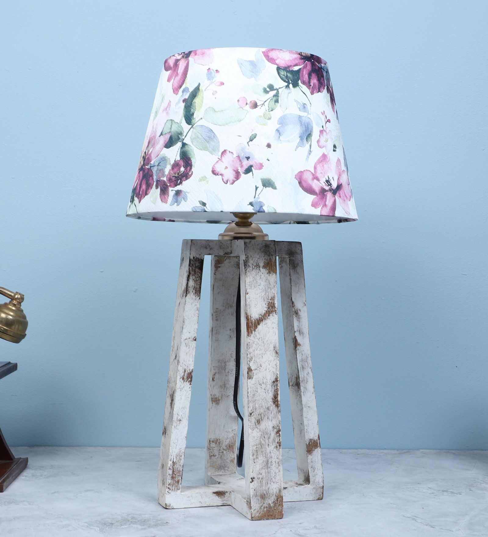 Rustic White Illuminique Mangowood Table Lamp With Cobra Saffron Print Satin Shade