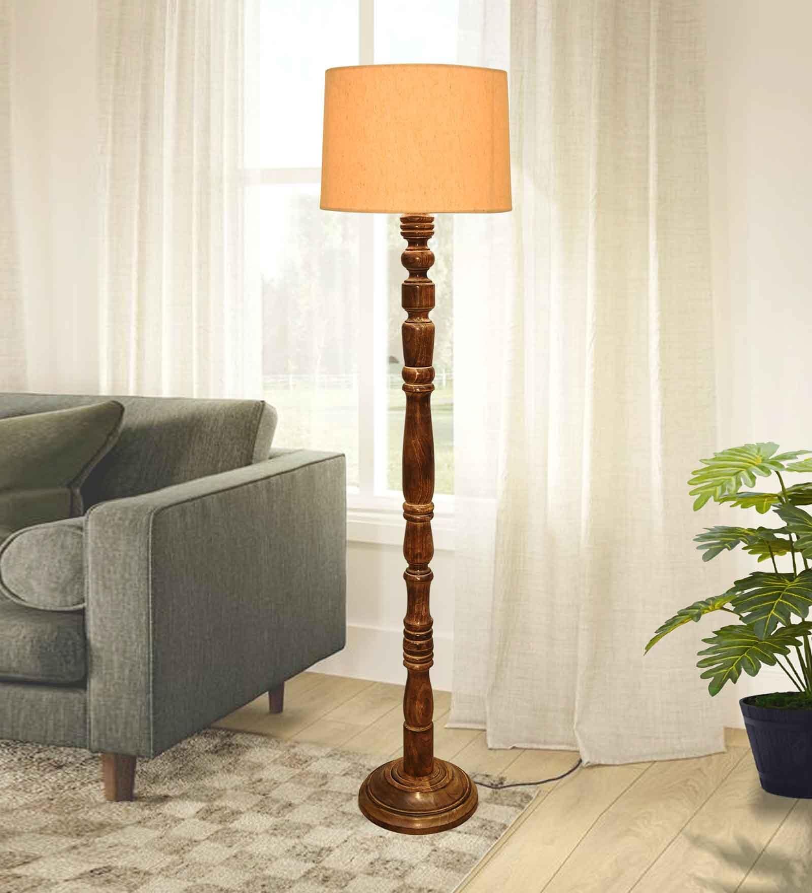 Rustic Wood Floor Lamp, Walnut Brown with Multicolor Fabric Shade, Candlestick, Yellow