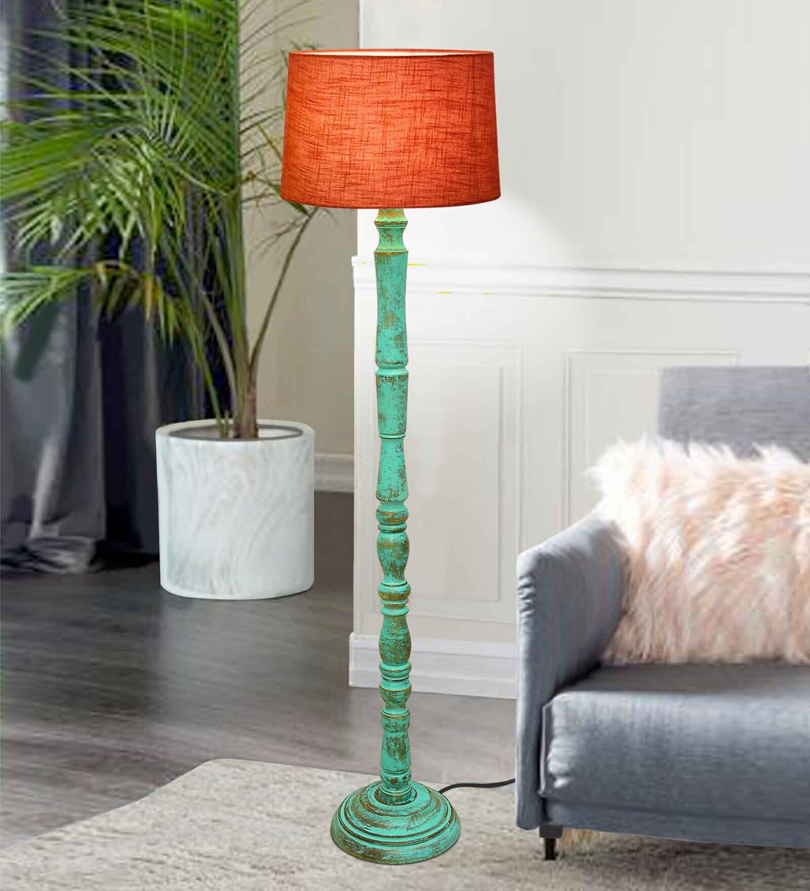 Rustic Wood Floor Lamp in Walnut Brown with Multicolor Fabric Lamp Shade