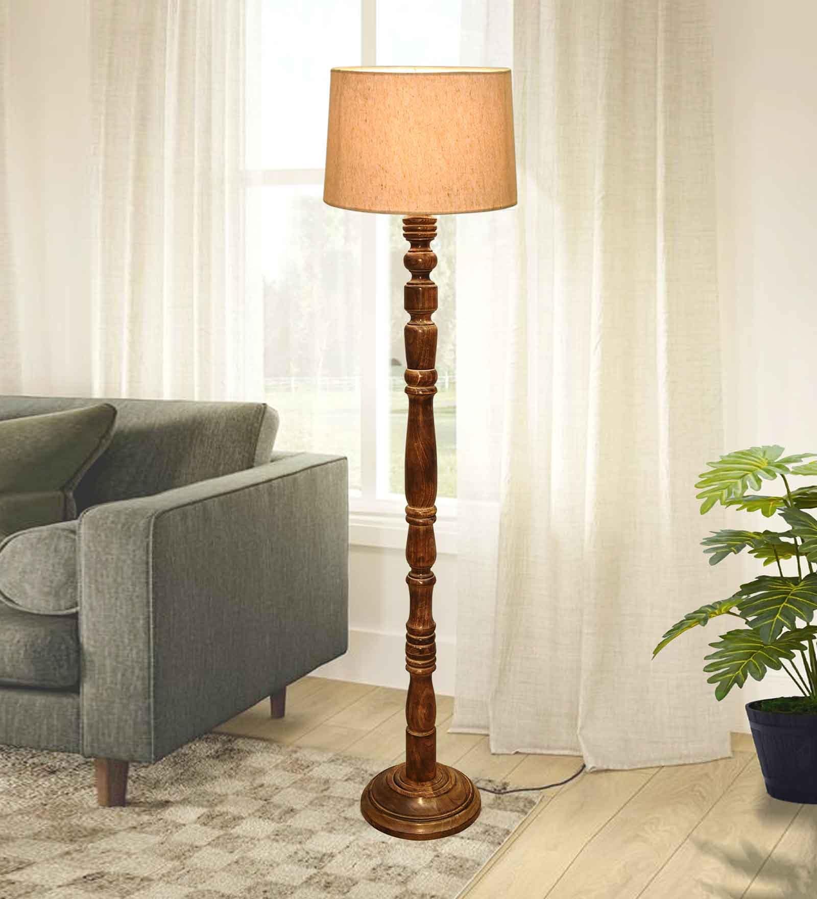 Rustic Wood Floor Lamp, Walnut Brown with Multicolor Fabric Shade, Jute