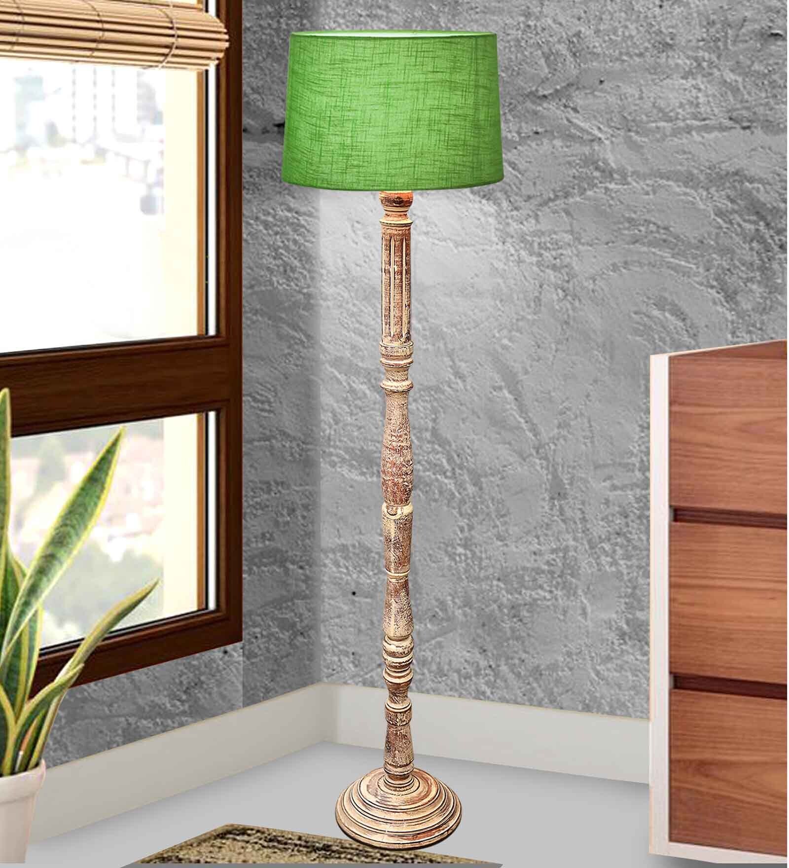 Rustic Wood Floor Lamp, Walnut Brown with Multicolor Fabric Shade, Roman Voyage, Green