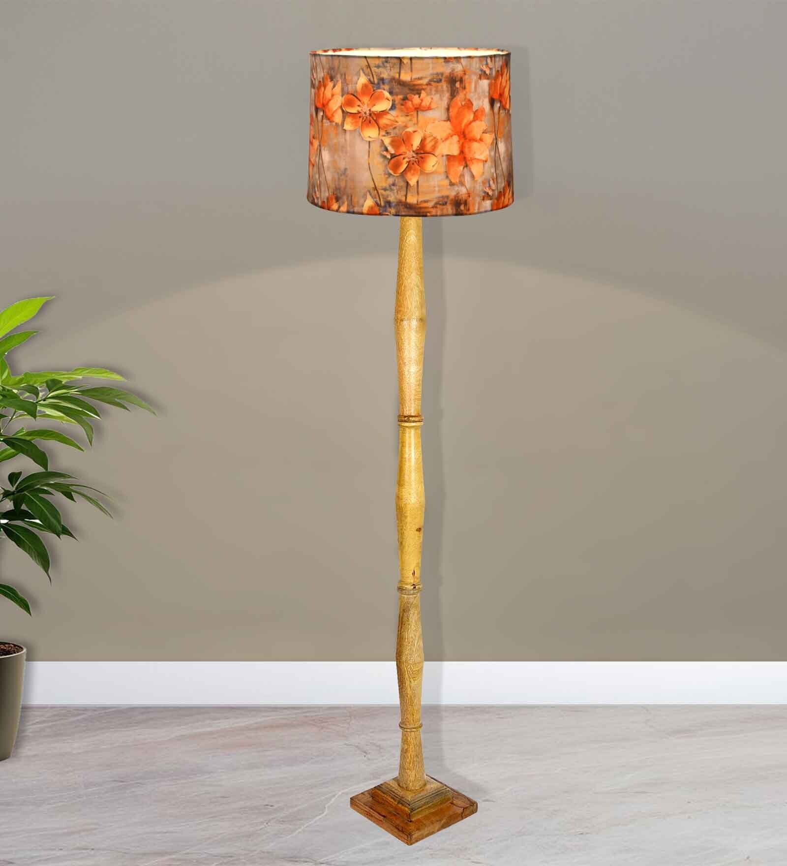 Rustic Wood Floor Lamp, Walnut Brown with Multicolor Fabric Shade, Floreo Meadow