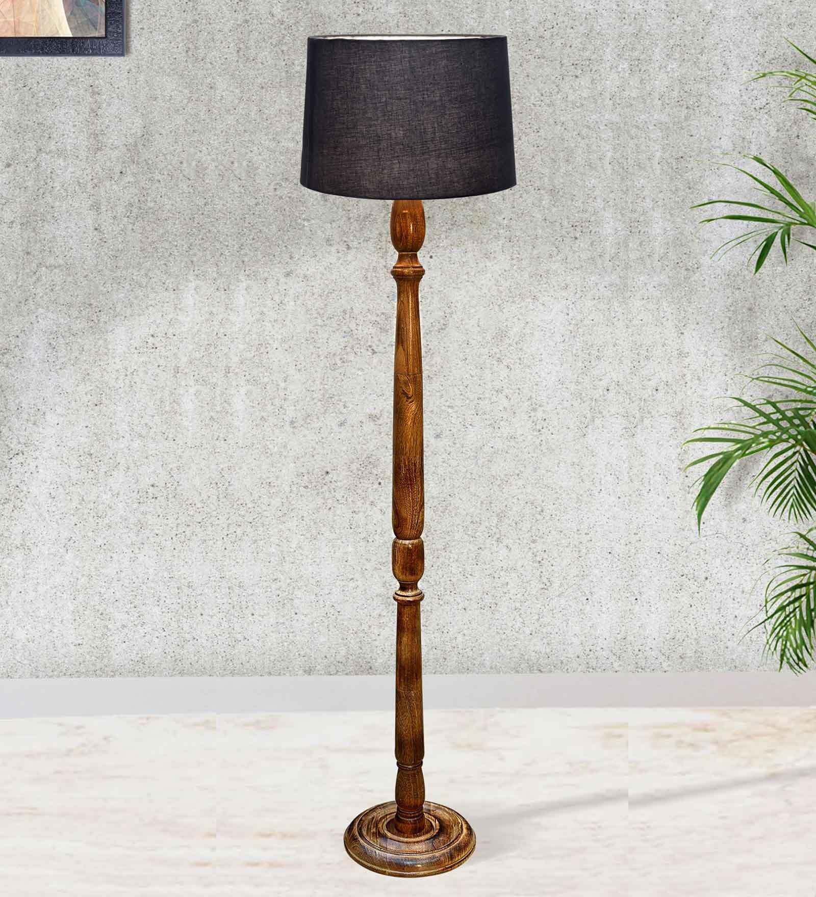 Rustic Wood Floor Lamp in Walnut Brown with Multicolor Fabric Shade, Hurricane, Grey Shade