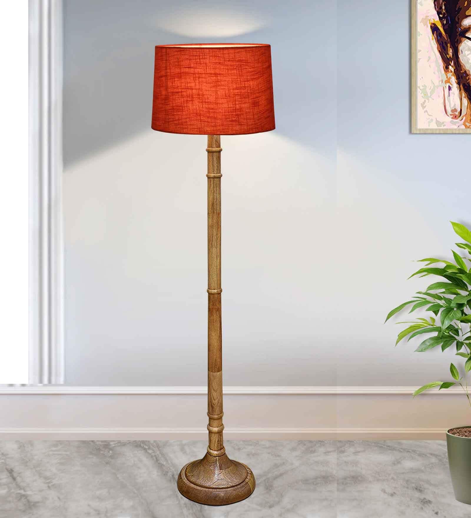 Rustic Wood Floor Lamp in Walnut Brown with Multicolor Fabric Shade, Dome Base, Red Shade