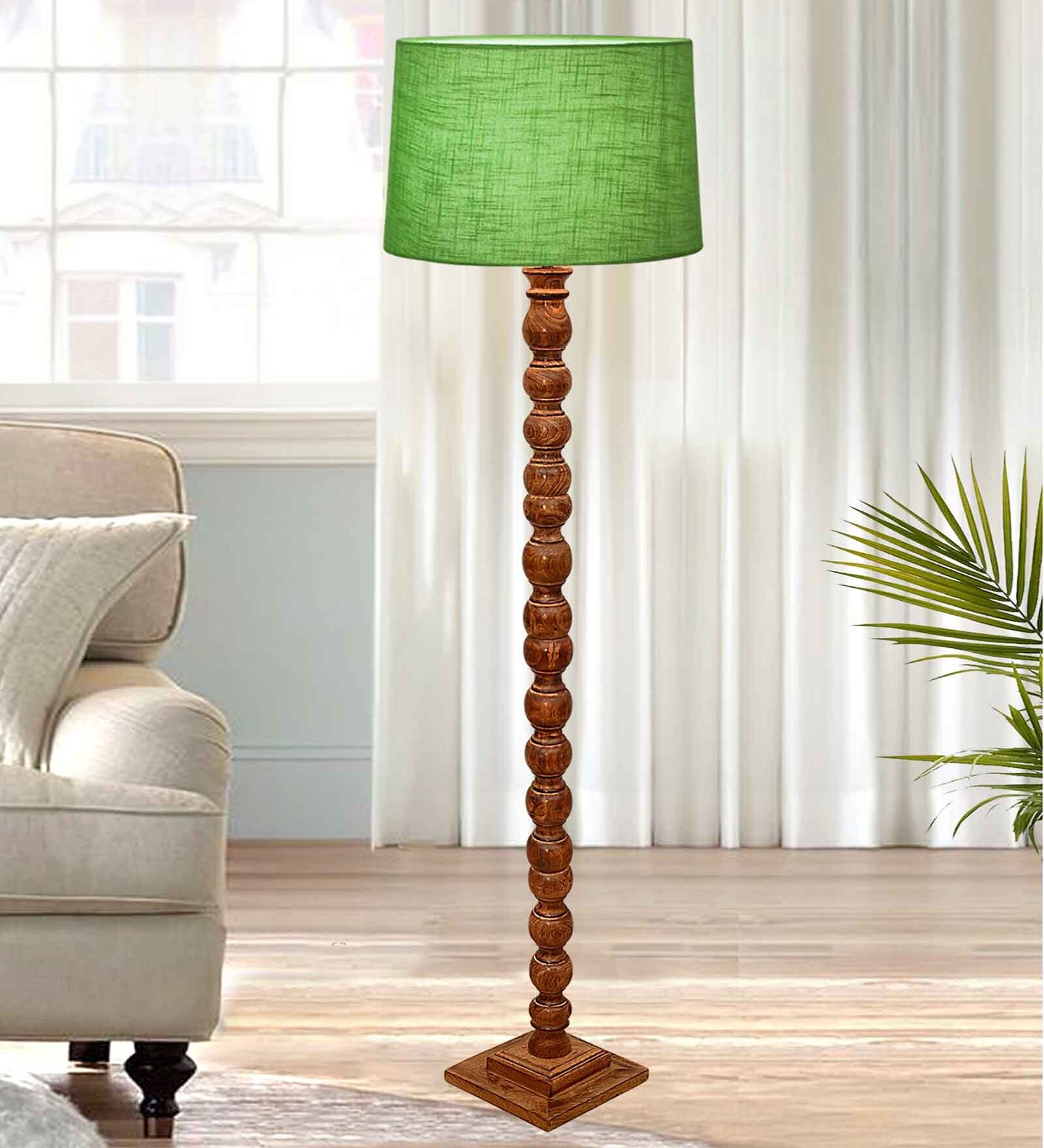 Rustic Wood Floor Lamp, Walnut Brown with Multicolor Fabric Shade, Sweetie Round, Green