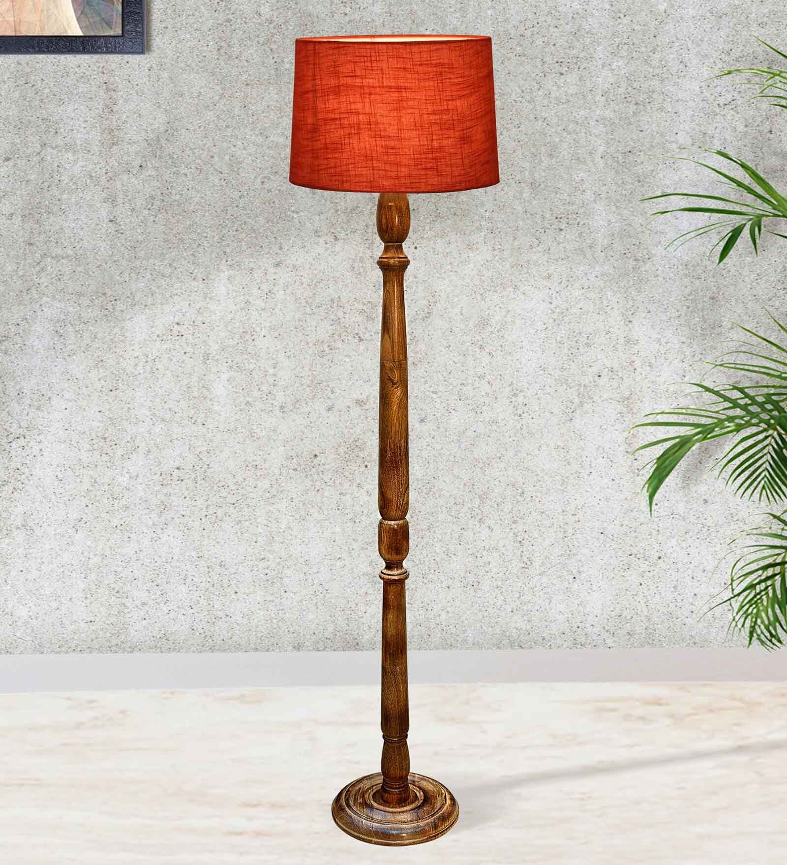 Rustic Wood Floor Lamp in Walnut Brown with Multicolor Fabric Shade, Hurricane Design, Red