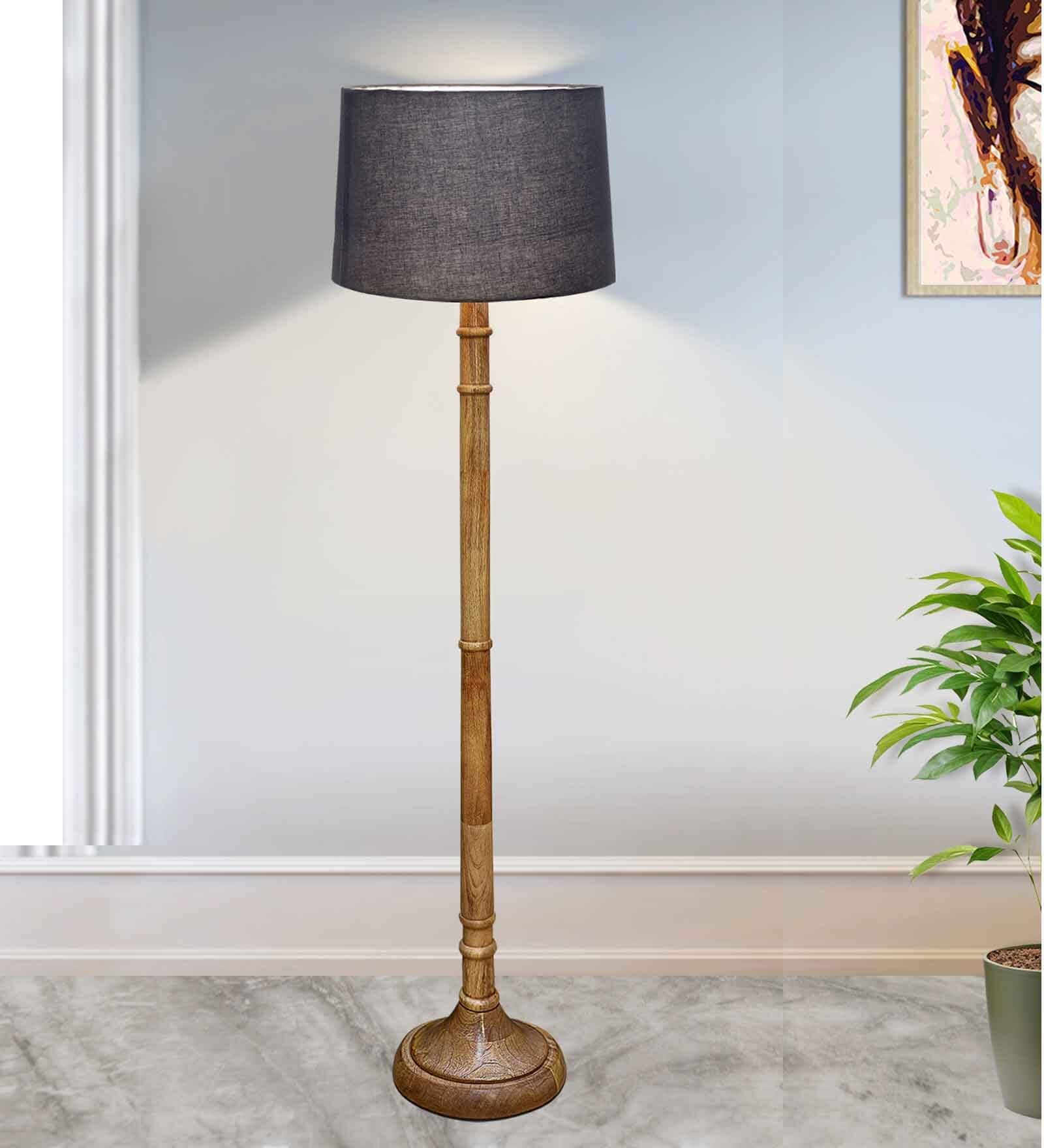 Rustic Wood Floor Lamp in Walnut Brown with Multicolor Fabric Shade, Dome Base, Grey Shade