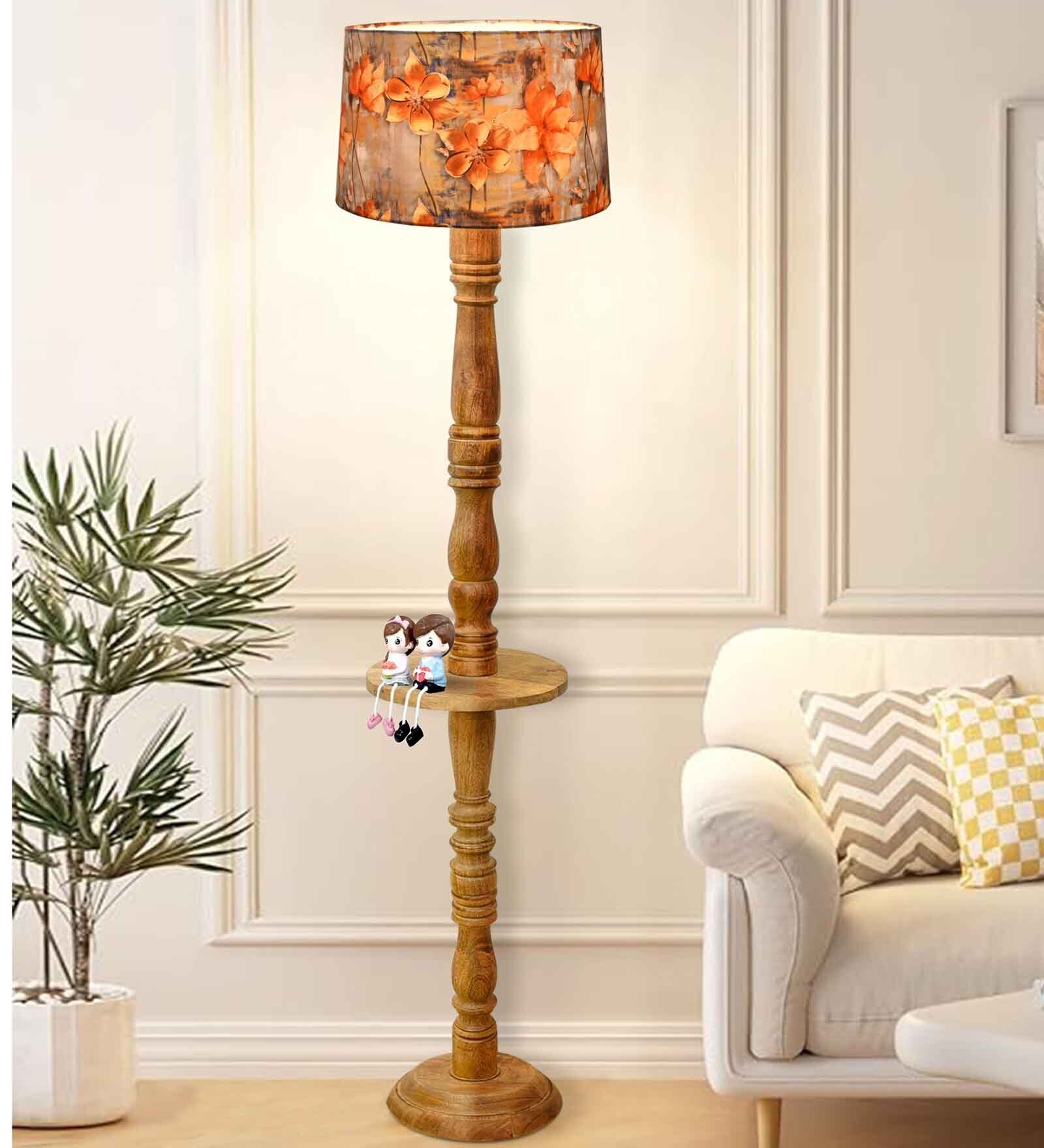 Rustic Wood Floor Lamp, Walnut Brown with Multicolor Fabric Shade, Floreo Meadow