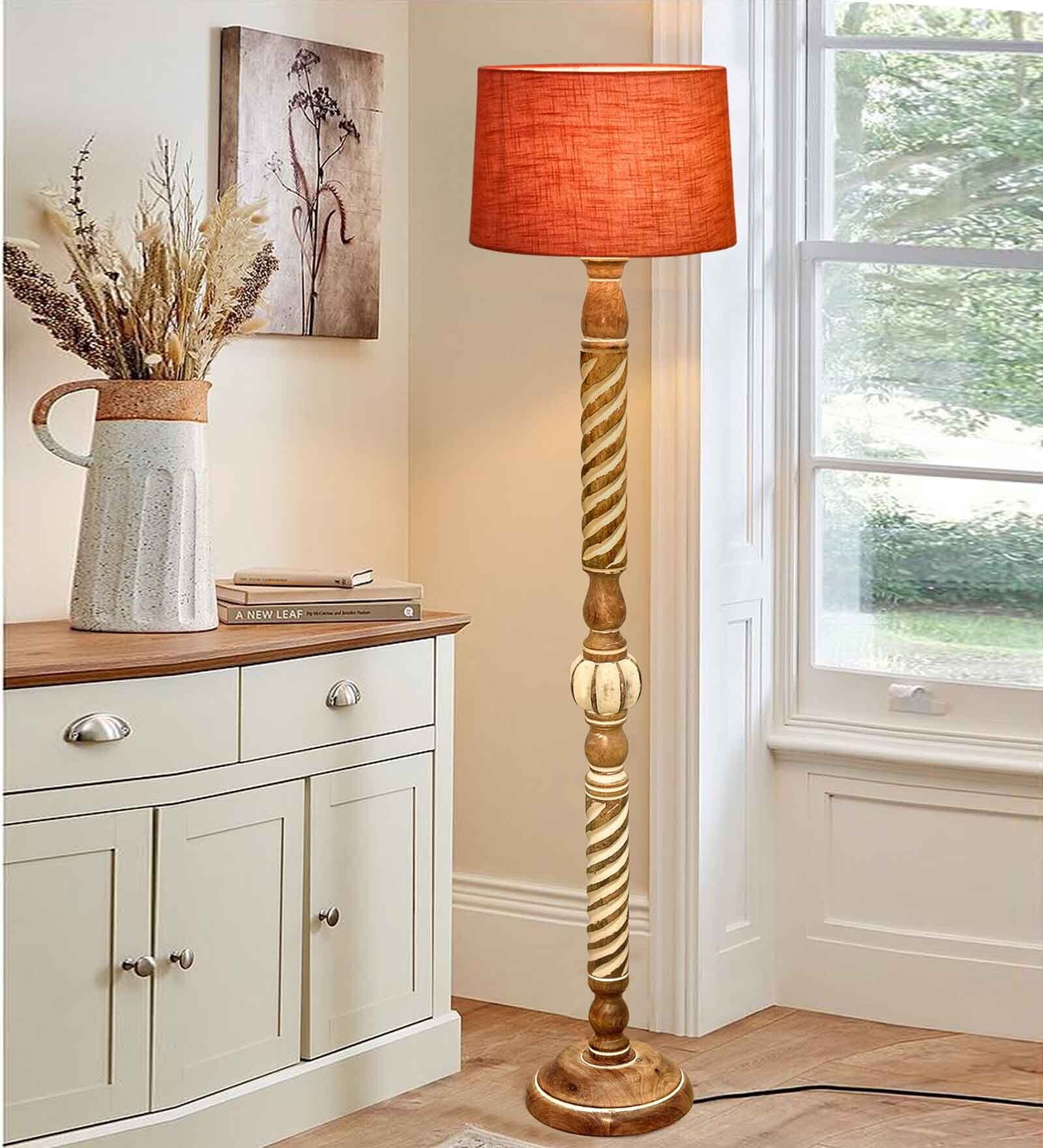 Rustic Wood Floor Lamp, Walnut Brown with Multicolor Fabric Shade, Twisted Ropes, Red
