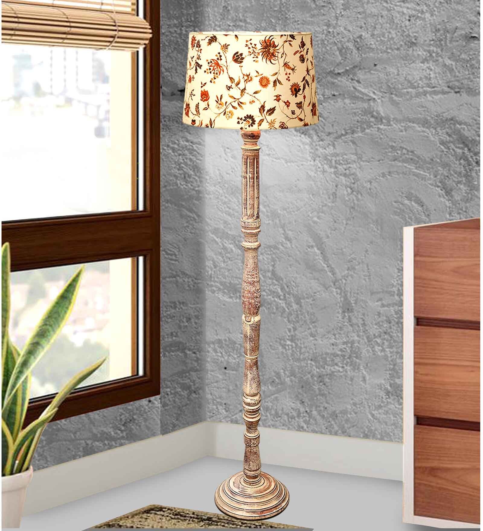 Rustic Wood Floor Lamp, Walnut Brown with Multicolor Fabric Shade, Roman Voyage, Vine and Flowers