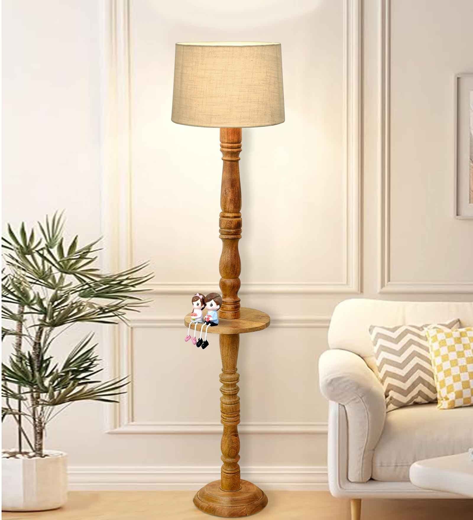 Rustic Wood Floor Lamp, Walnut Brown with Multicolor Fabric Shade, Tray End Table, Off-White