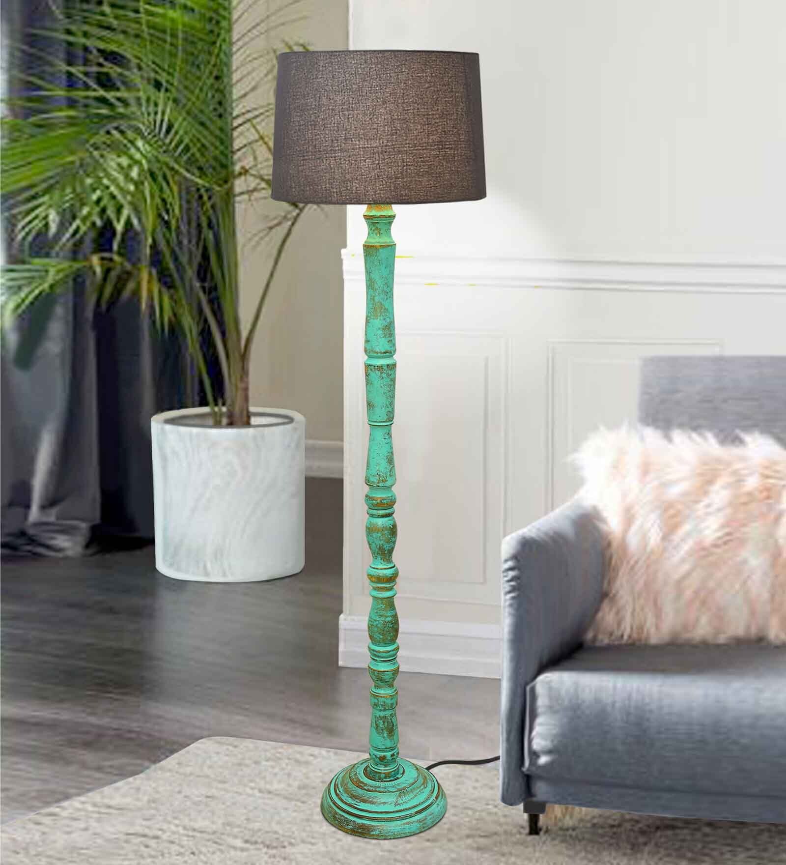 Rustic Wood Floor Lamp, Walnut Brown with Multicolor Fabric Shade, Algae Stick, Grey