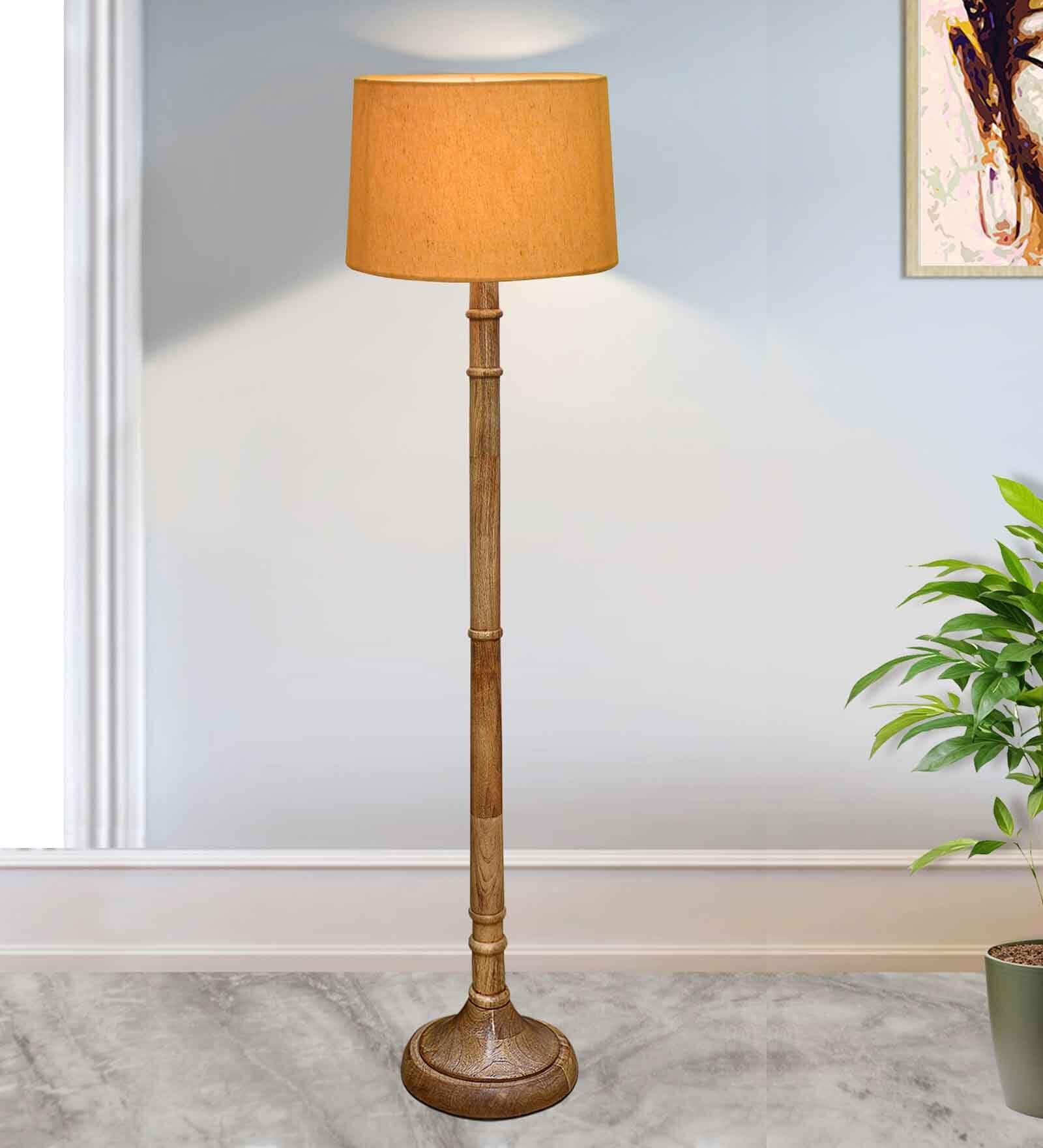 Rustic Wood Floor Lamp in Walnut Brown with Multicolor Fabric Shade, Dome Base, Yellow Shade