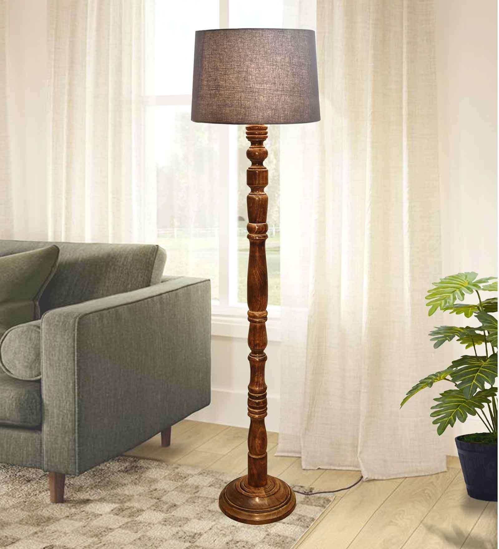 Rustic Wood Floor Lamp, Walnut Brown with Multicolor Fabric Shade, Grey