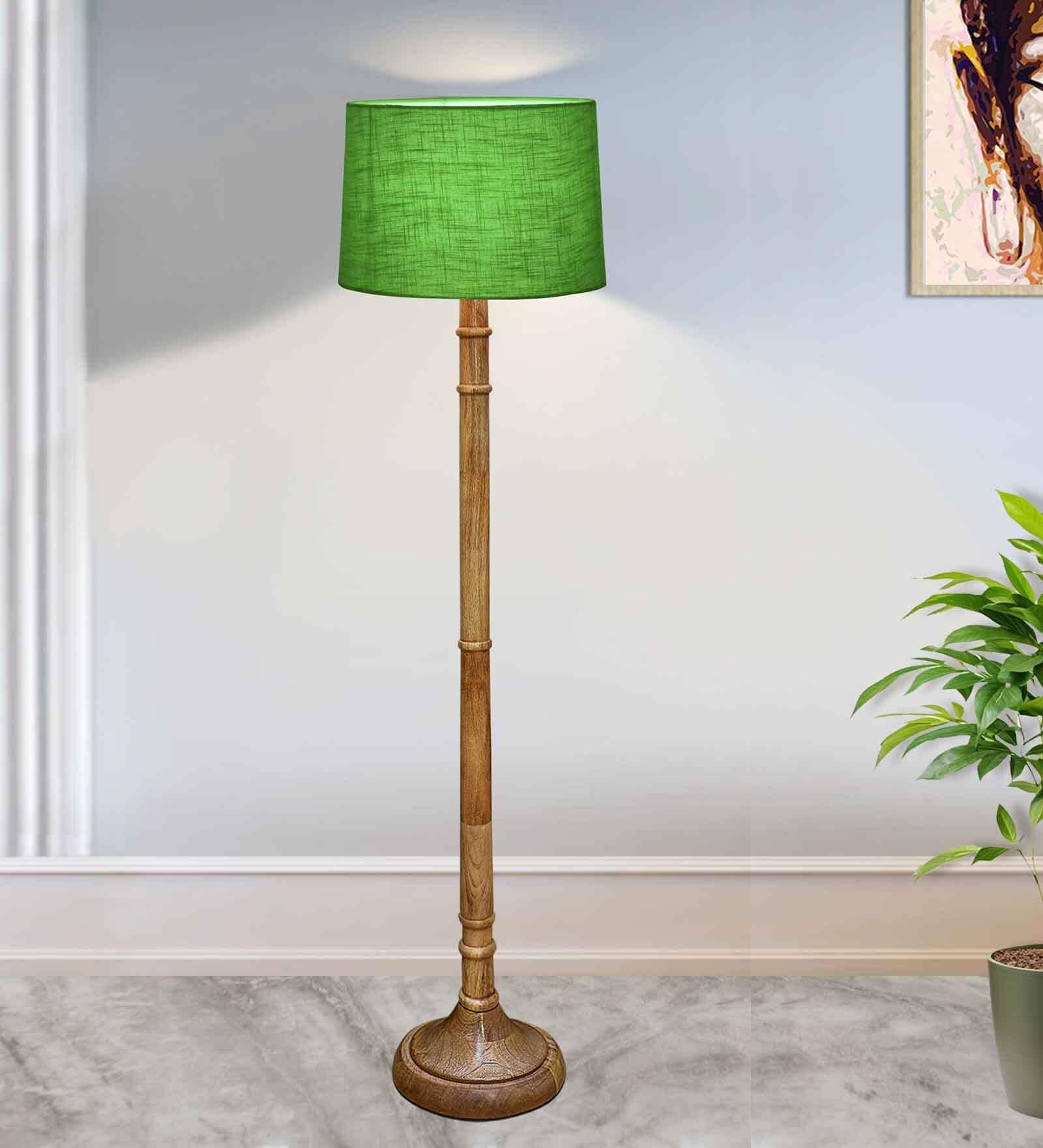Rustic Wood Floor Lamp in Walnut Brown with Multicolor Fabric Shade, Dome Base, Green