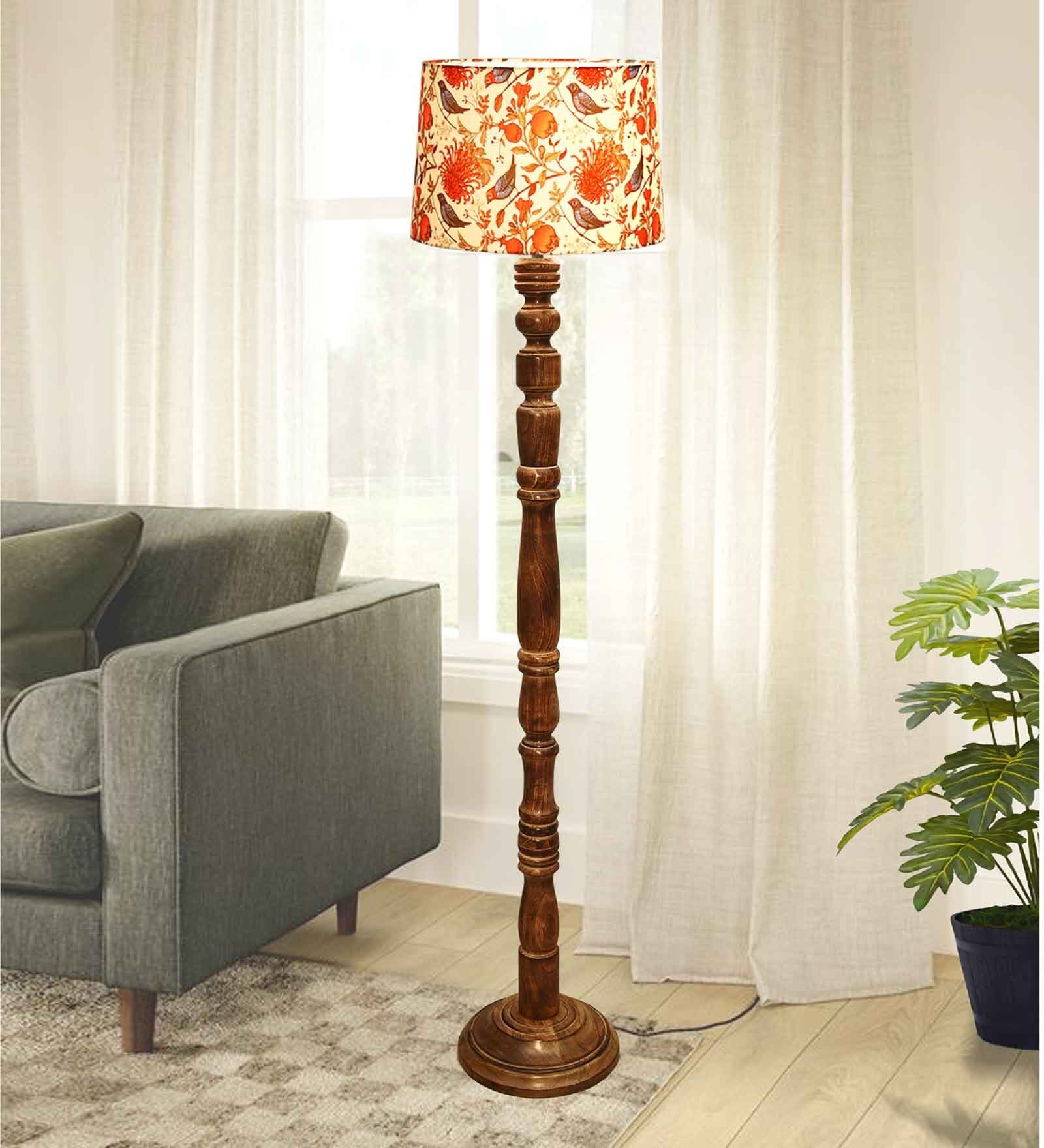 Rustic Wood Floor Lamp, Walnut Brown with Multicolor Fabric Shade, Bird
