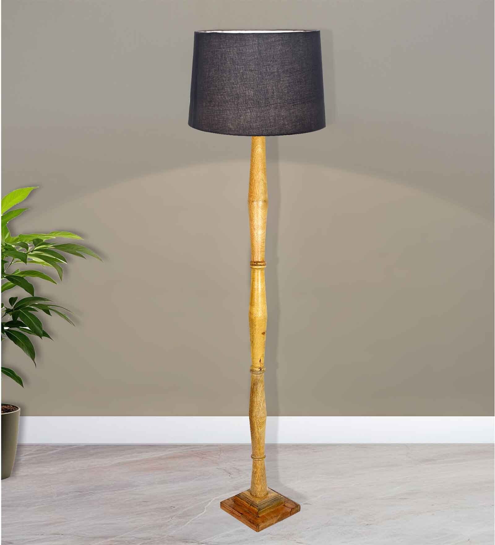 Rustic Wood Floor Lamp, Walnut Brown with Multicolor Fabric Shade, Fanny Figure, Grey