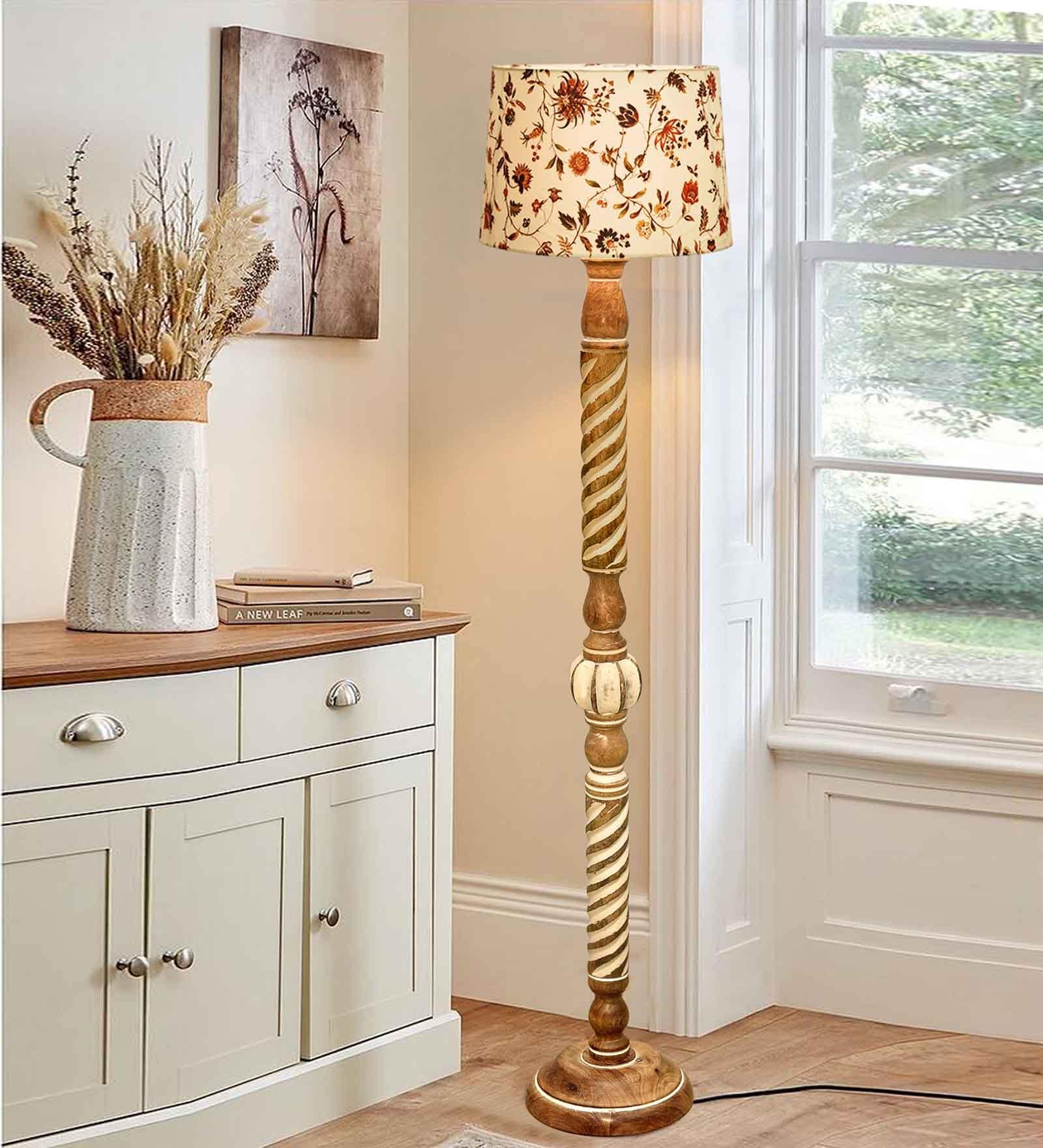 Rustic Wood Floor Lamp, Walnut Brown with Multicolor Fabric Shade, Twisted Ropes, Vine and Flowers