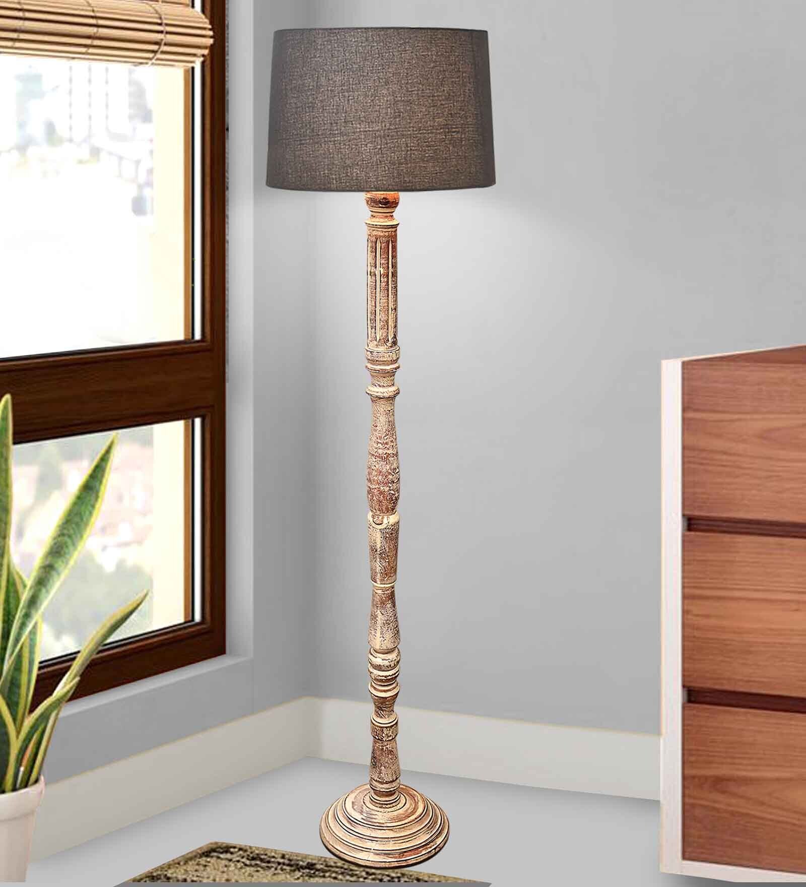 Rustic Wood Floor Lamp in Walnut Brown with Multicolor Fabric Shade, Grey