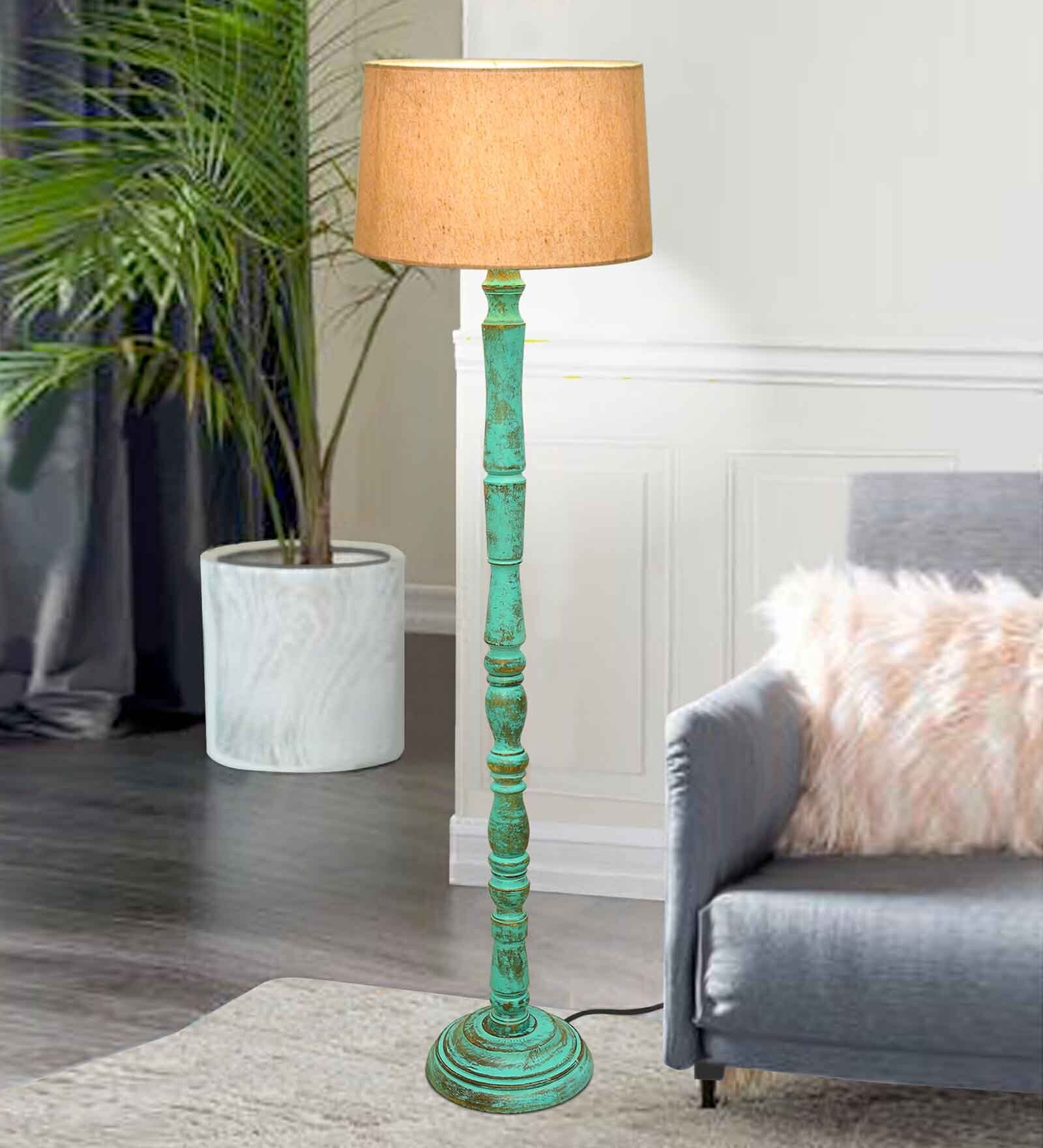 Rustic Wood Floor Lamp, Walnut Brown with Multicolor Fabric Shade, Algae Stick, Jute