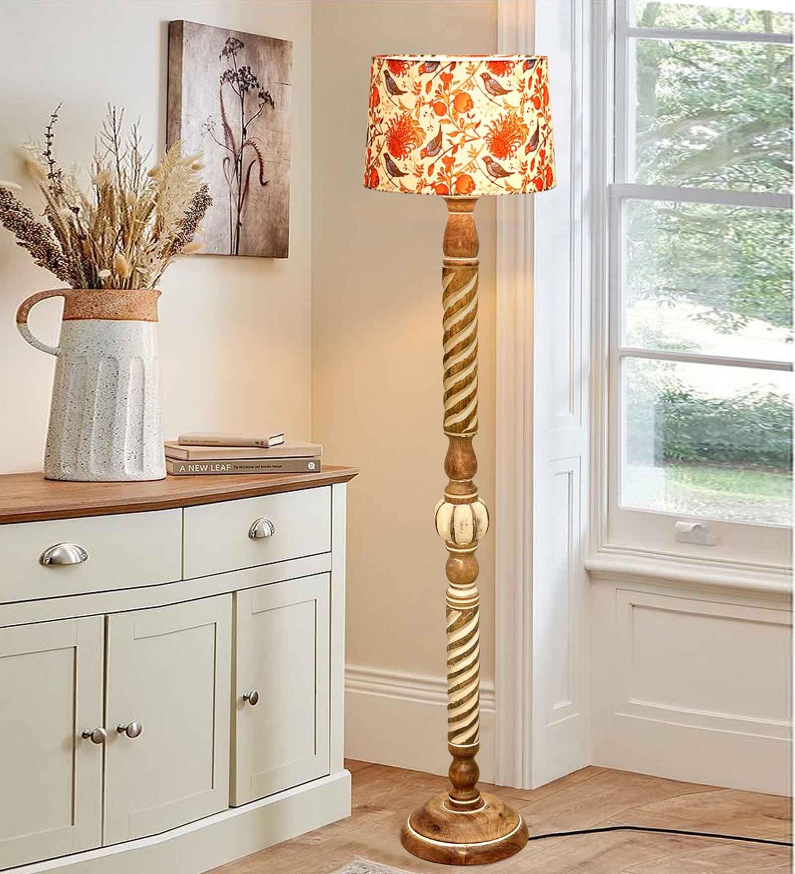 Rustic Wood Floor Lamp, Walnut Brown with Multicolor Fabric Shade, Twisted Ropes, Bird