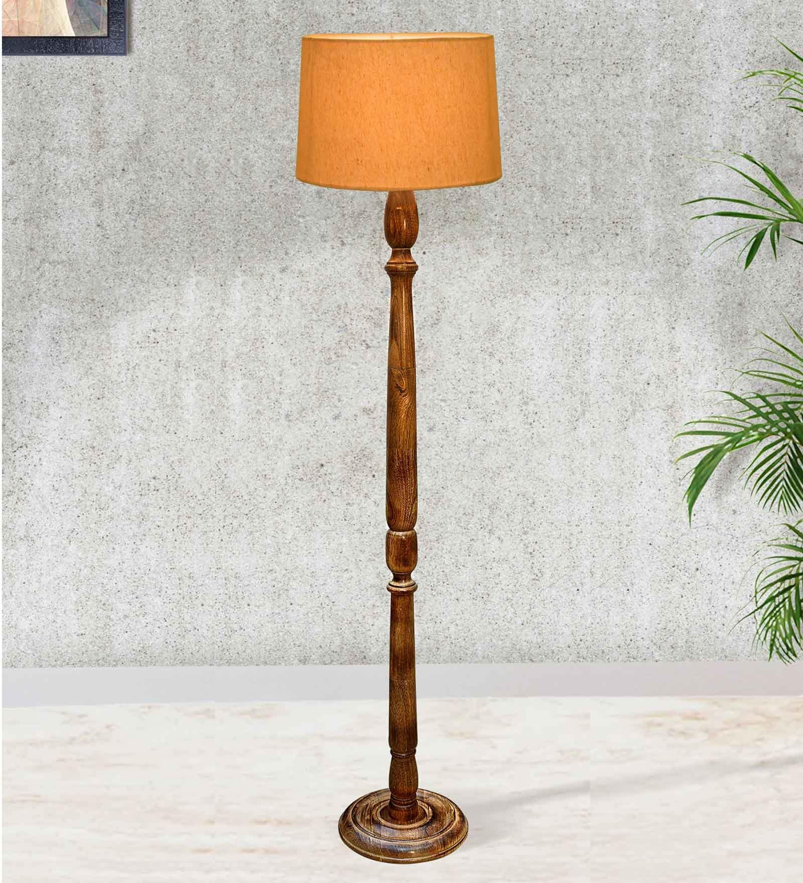 Rustic Wood Floor Lamp in Walnut Brown with Multicolor Fabric Shade, Hurricane, Yellow Shade
