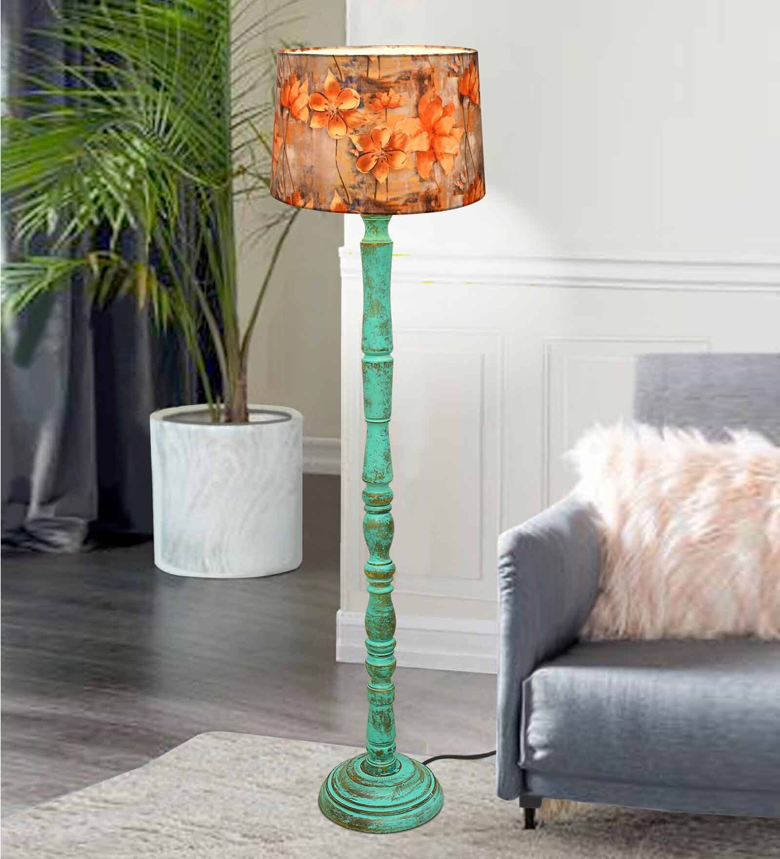 Rustic Wood Floor Lamp in Walnut Brown with Multicolor Fabric Lamp Shade