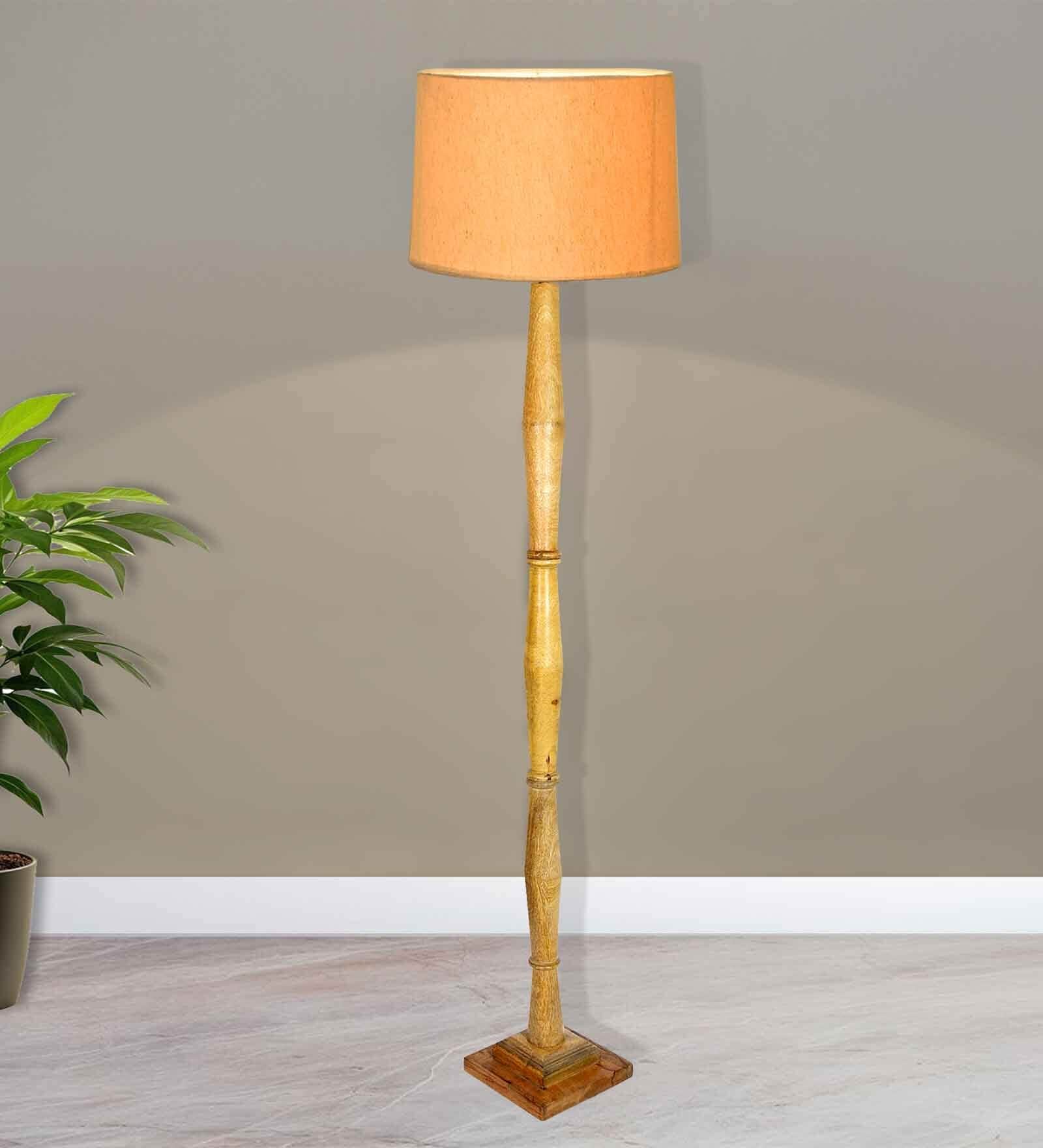Rustic Wood Floor Lamp, Walnut Brown with Multicolor Fabric Shade, Fanny Figure, Yellow