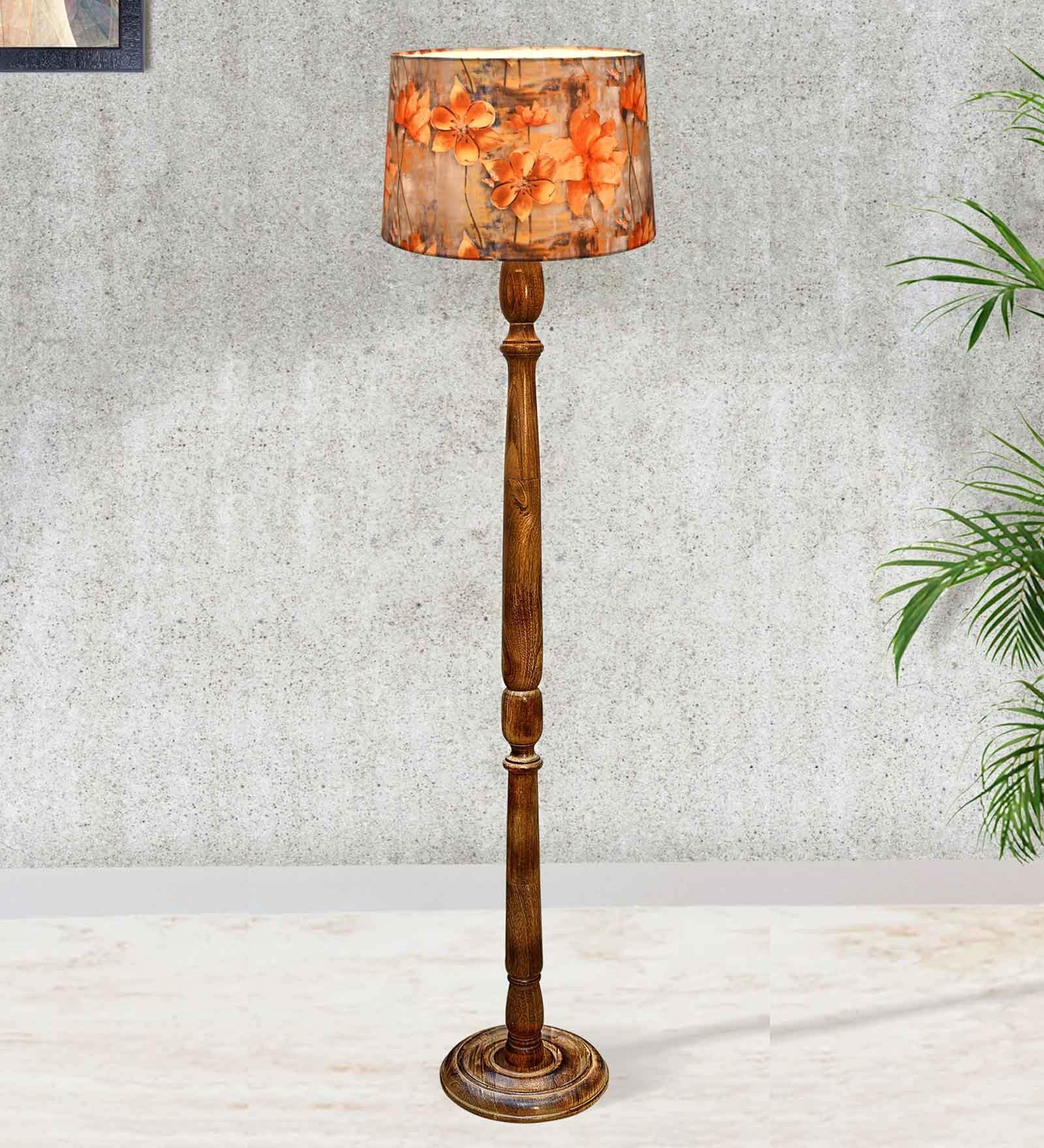 Rustic Wood Floor Lamp in Walnut Brown with Multicolor Fabric Shade, Hurricane Design, Floreto Meadow