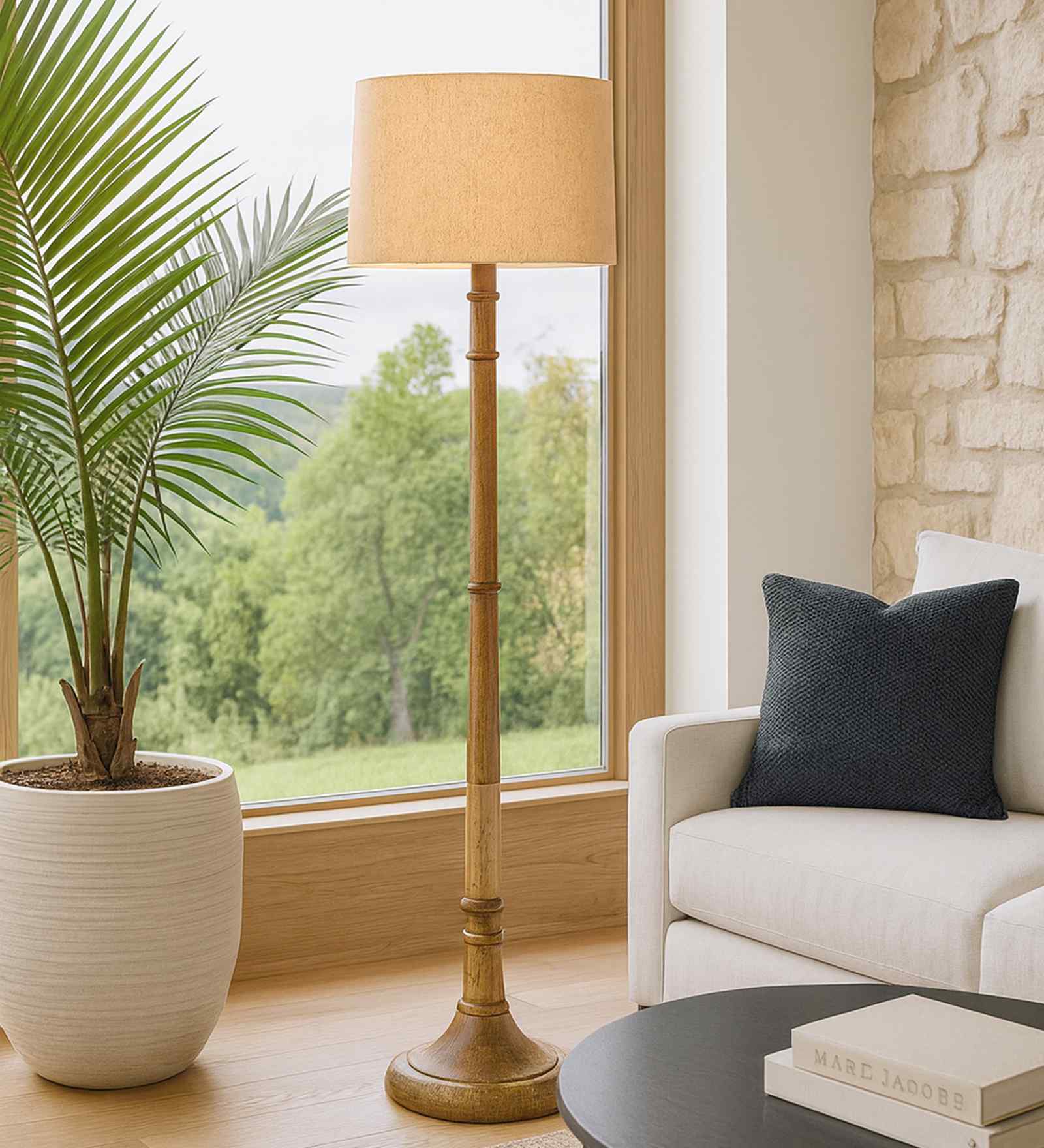 Rustic Wood Floor Lamp in Walnut Brown with Multicolor Fabric Shade, Dome Base, Off-White Shade