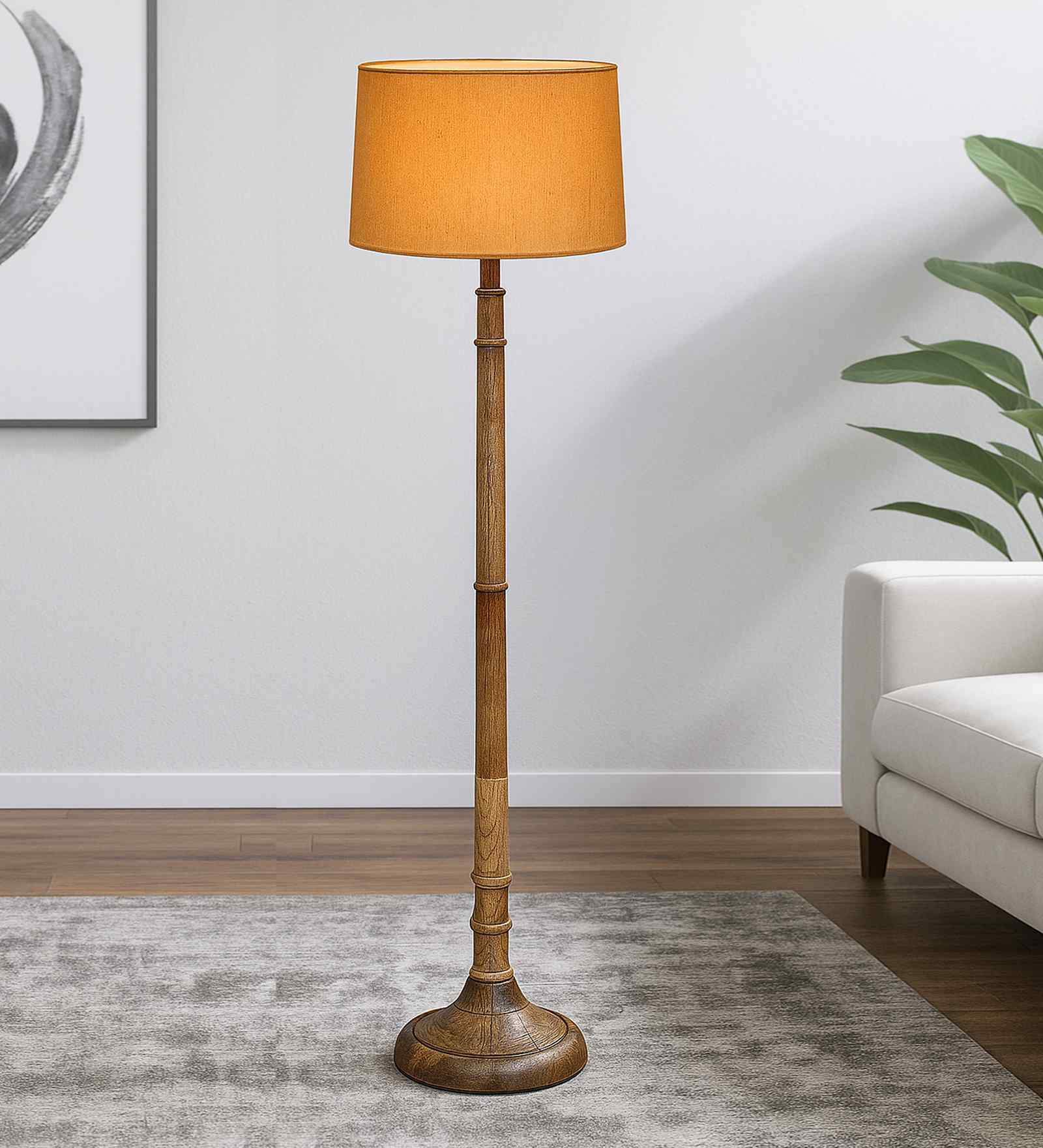 Rustic Wood Floor Lamp in Walnut Brown with Multicolor Fabric Shade, Dome Base, Yellow Shade