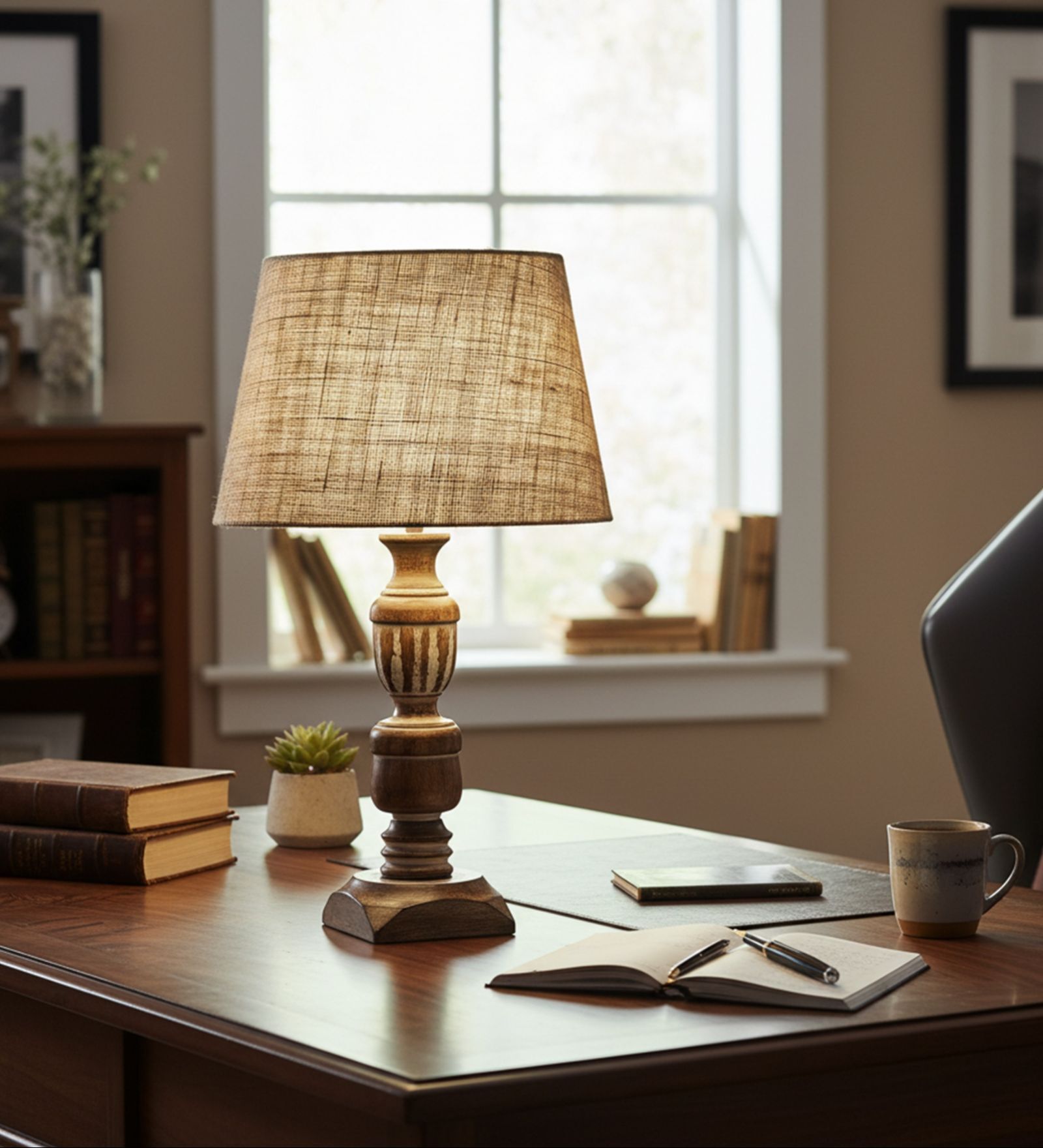 Rustic Wooden Table Lamp  with Natural Jute Fabric Shade | Modern Farmhouse Bedside Lamp for Living Room, Bedroom & Home D cor