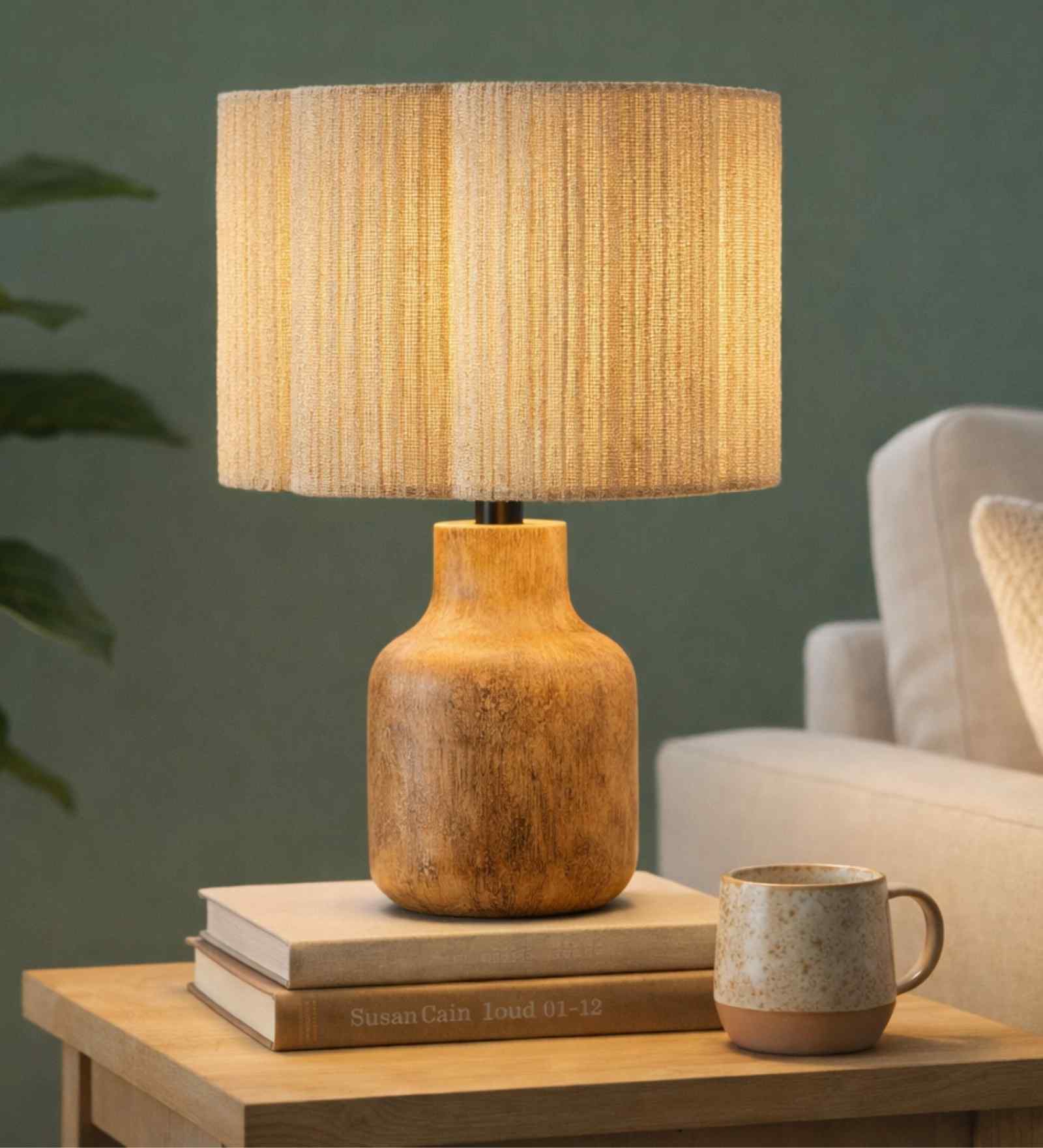 Rustic Wooden Table Lamp with Beige Fabric Shade