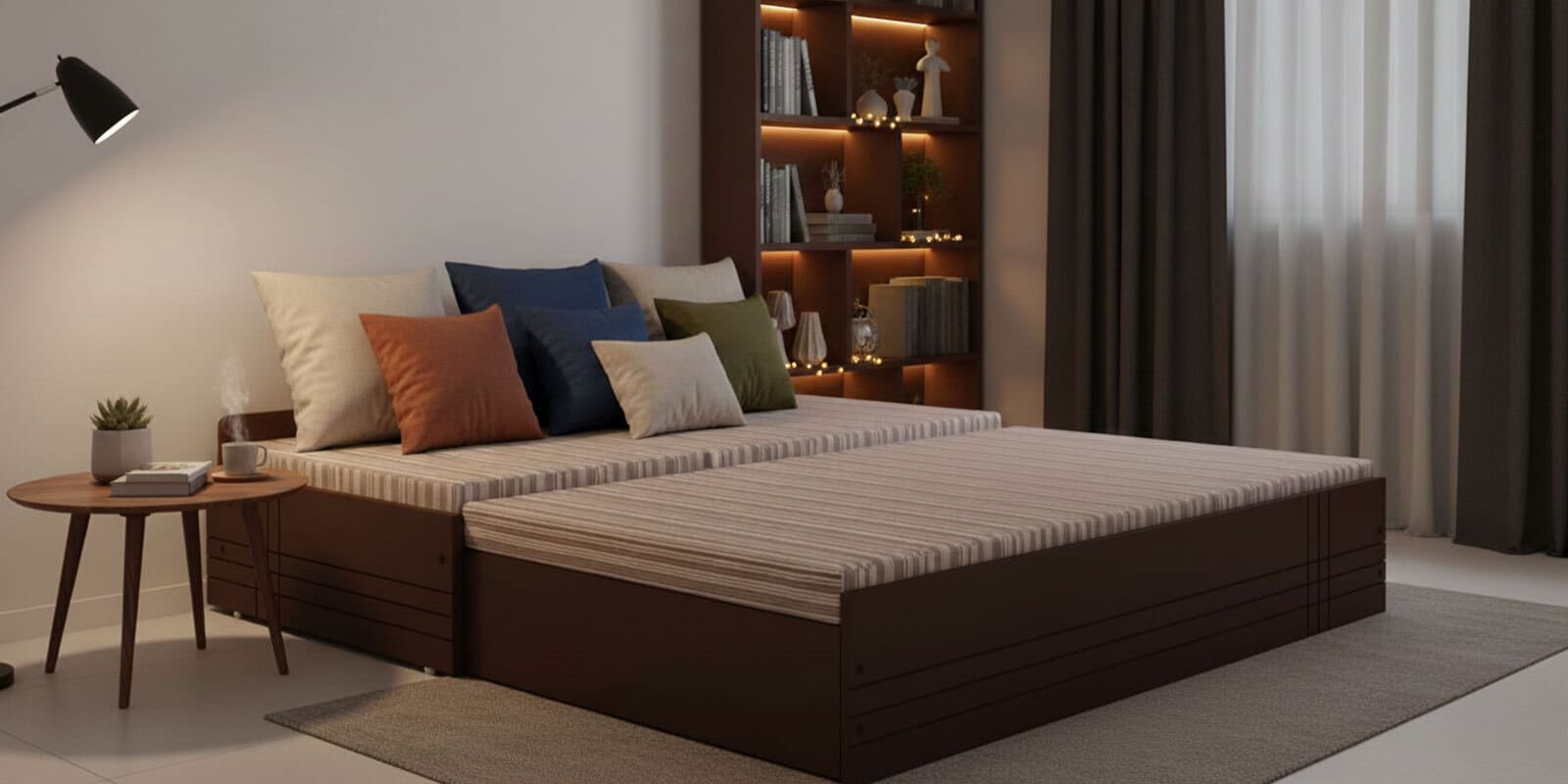 Rubik King Sized Pull-Out Sofa Cum Bed With Storage in Brown Finish