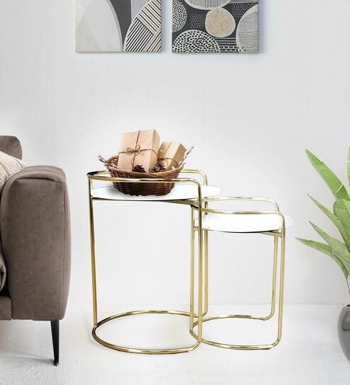 Ruby Metal End Table In White & Gold Colour