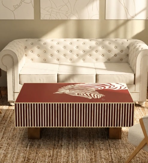 Rudra Crimson Bone Inlay Coffee Table In Red Colour With Artistic Motif Rudra Crimson Bone Inlay Coffee Table In Red Colour With Artistic Motif