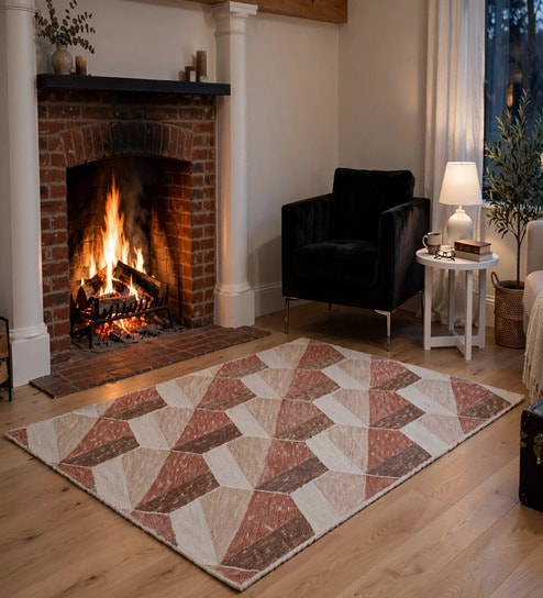 Rust 3D Geometric Wool And Cotton 8 X 5 Feet Hand Tufted Carpet