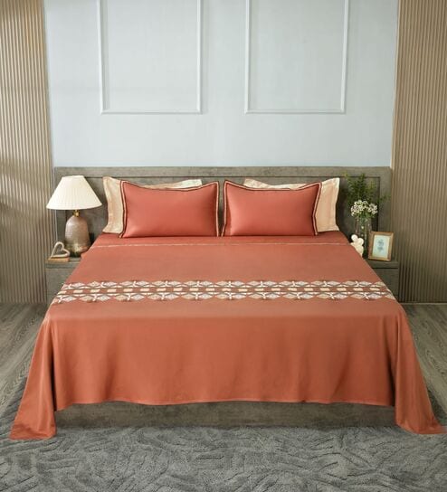 Rust Clay 300TC 100% Cotton Solids Flat Embroidered Super King Bedsheet With 2 Pillow Covers