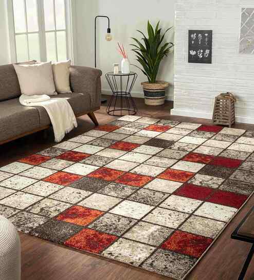 Rust Geometric Polypropylene 5x8 Feet Machine Made Carpet