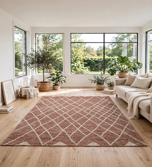 Rust Geometric Wool And Cotton 7 X 5 Feet Hand Tufted Carpet