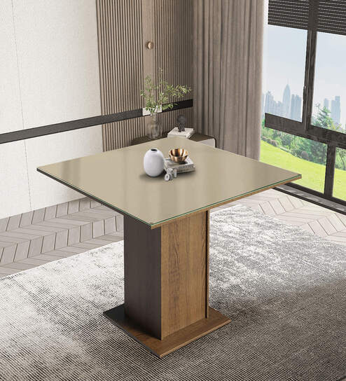 Rustic 2 Seater Glass Top Dining Table in Wood Finish