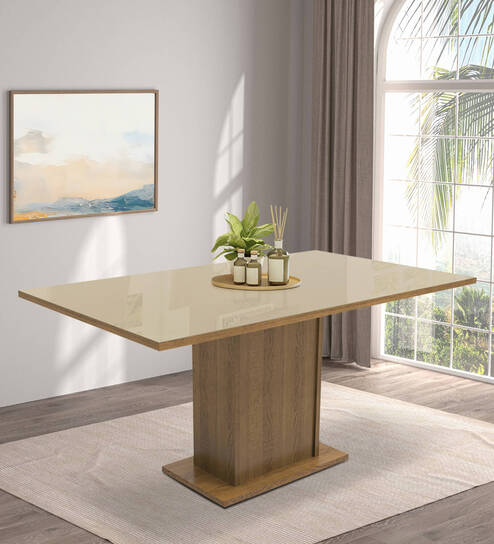 Rustic 6 Seater Glass Top Dining Table in Wood Finish
