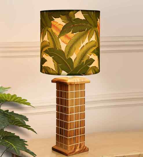Rustic Beige Table Lamp New York Skyline Fabric Shade, Leaf Drum Shade