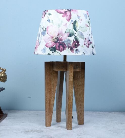 Rustic Brown Vintage Mangowood Table Lamp With Cobra Saffron Print Satin Shade