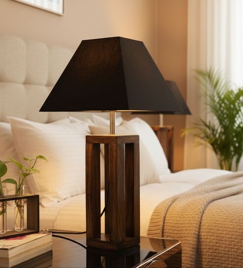 Rustic Dark Wood Table Lamp with Square Black Fabric Shade