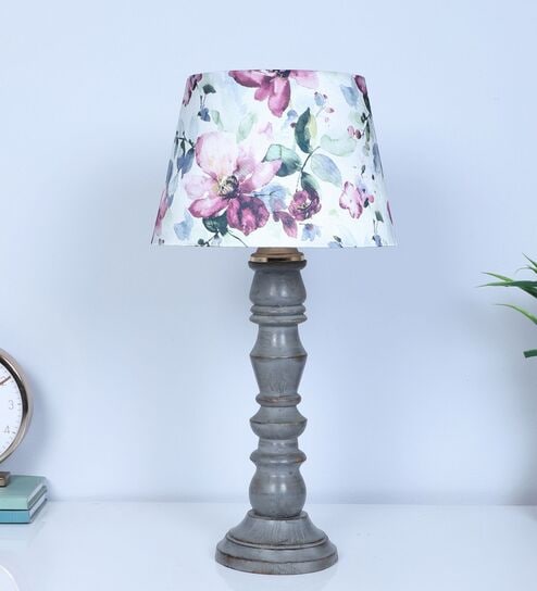 Rustic Grey Mangowood Table Lamp With Cobra Saffron Print Satin Shade