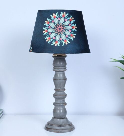 Rustic Grey Mangowood Table Lamp With French Floral Print Satin Shade