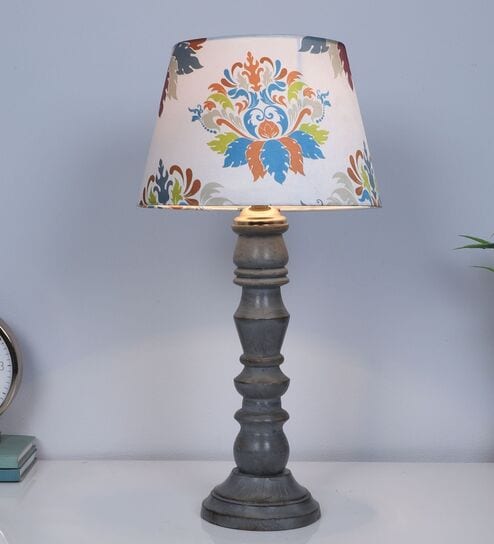 Rustic Grey Mangowood Table Lamp With English Oak Print Satin Shade